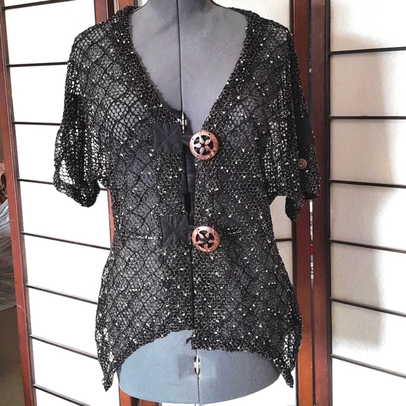 Ultimate Tops - Ultimate Sheer Black Net Women's Short Sleeve Overlay Top Large